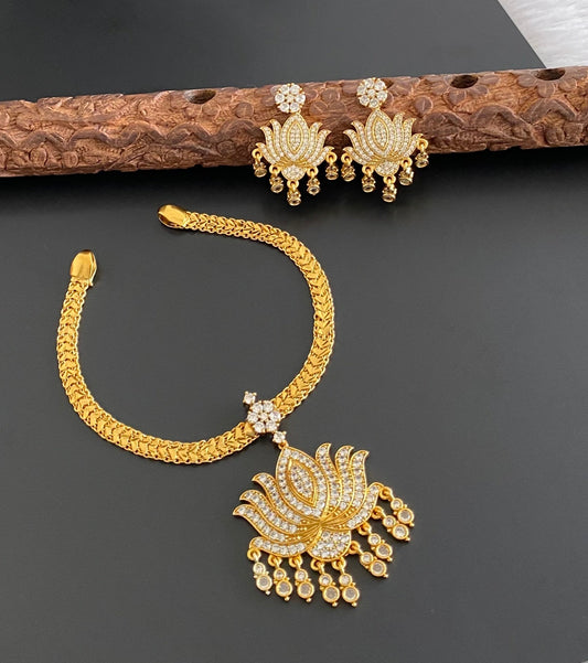 Matte gold tone white stone lotus necklace set dj-53600