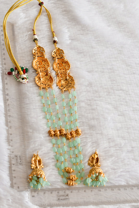 Antique gold tone sea green beaded lakshmi peacock multi layer haar set dj-52428