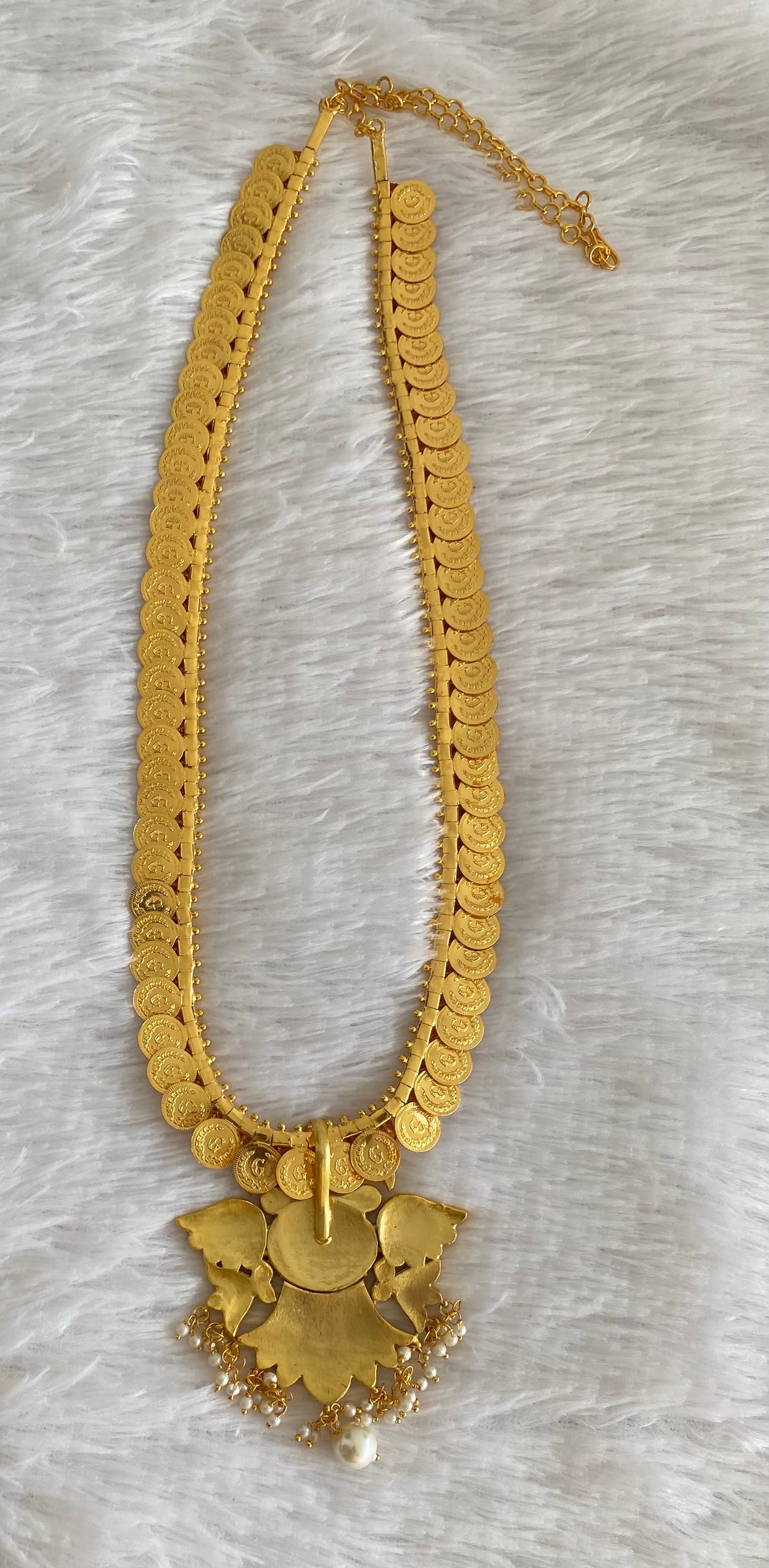 Gold tone kundan jadau ganda berunda pendant lakshmi coin haar dj-54040