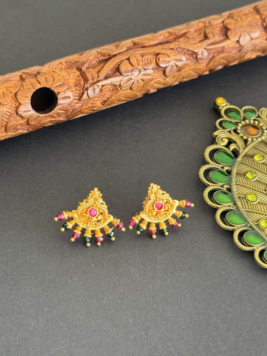 Gold tone pink-green peacock stud/earrings dj-52105