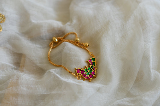 Gold tone pink-green kundan jadau bird bracelet dj-52667