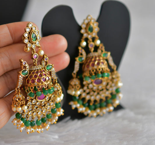 Antique gold tone kemp-green pearl bali peacock jhumkka dj-51865
