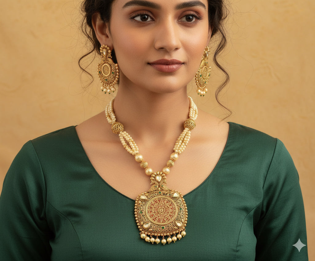 Antique Kundan Green Big Thewa Pendant Pearl Haar Set -dj13292