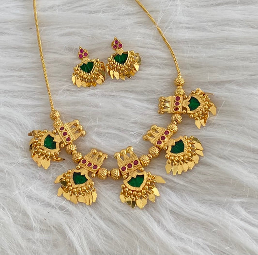 Gold tone kerala style pink-green palakka elakka necklace set dj-54550