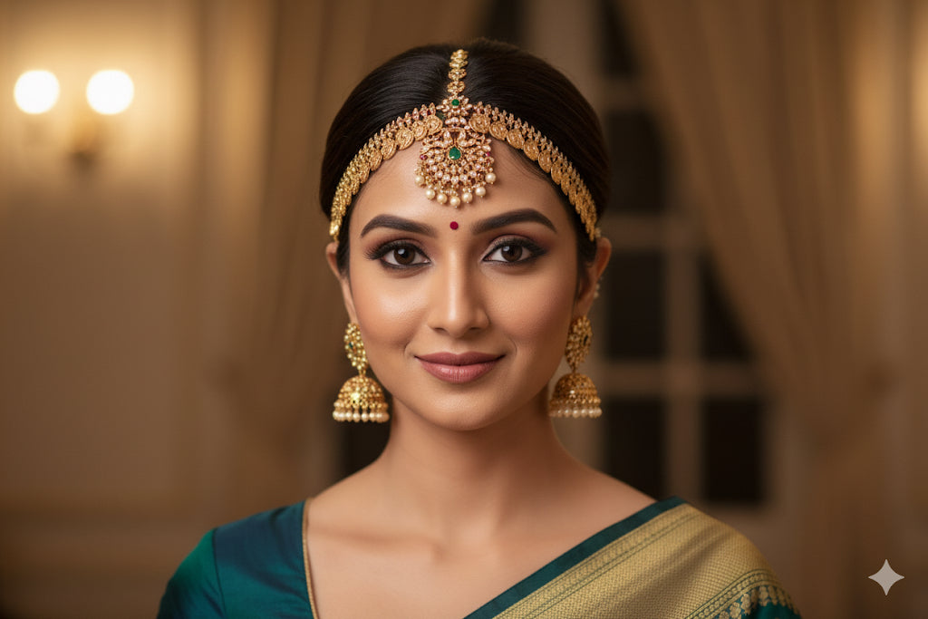 Antique gold tone cz pink-green lakshmi coin peacock tikka dj-52059