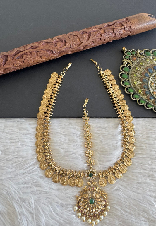 Antique gold tone cz pink-green lakshmi coin peacock tikka dj-52059