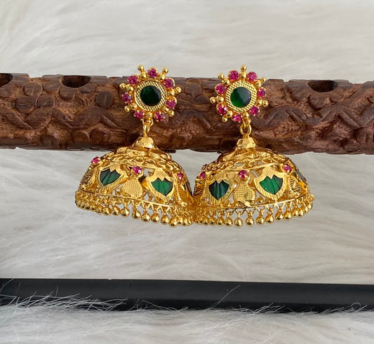 Gold tone kerala style pink-green 6 petal palakka big jhumkka dj-54537