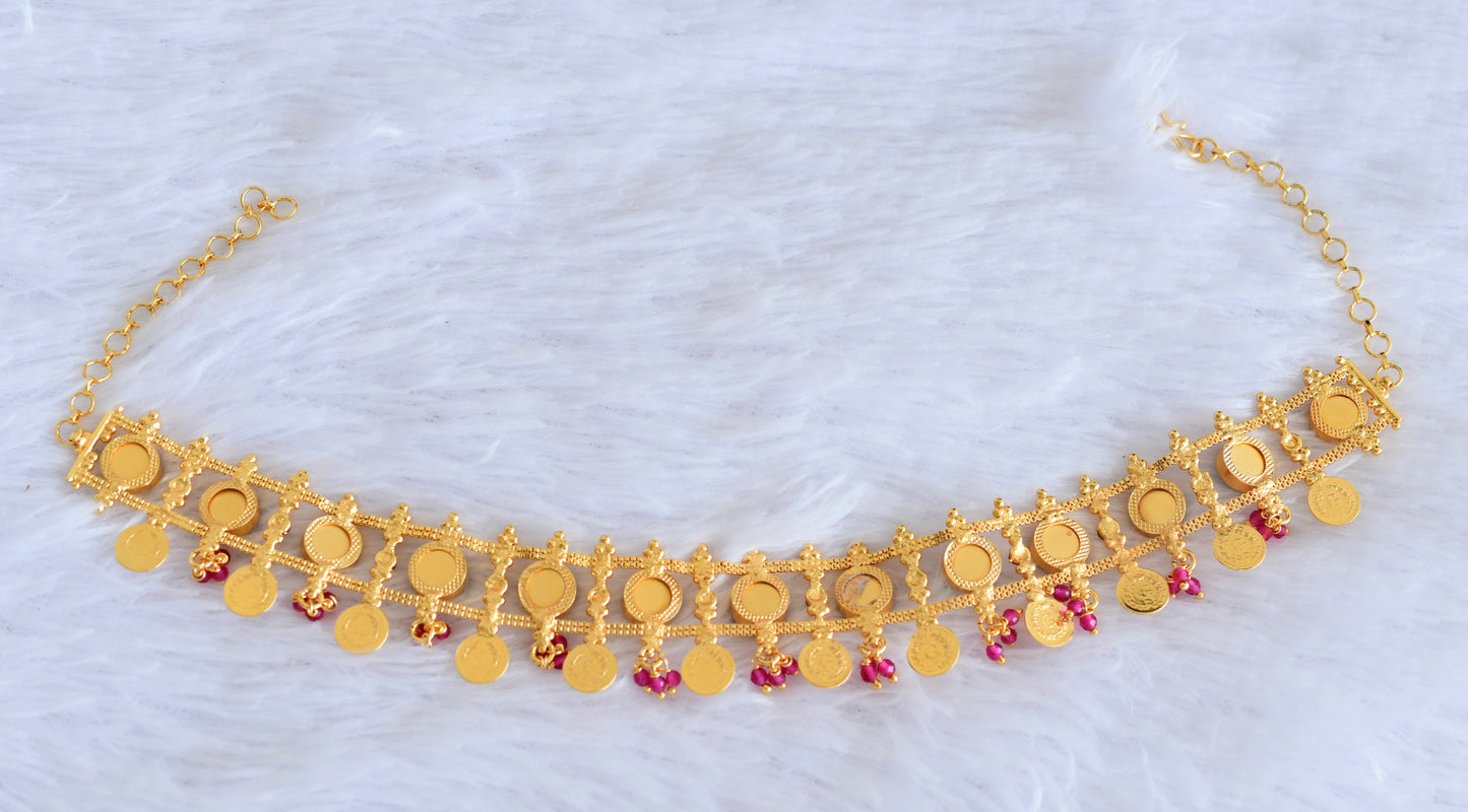 Gold tone kerala style pink-green round laksmi coin choker necklace dj-53088