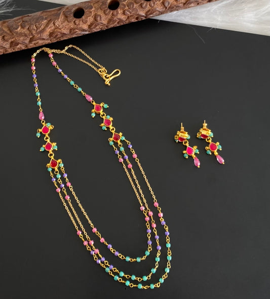 Antique gold tone pink stone beaded multi layer necklace set dj-54175