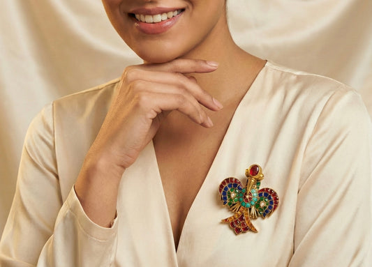 Matte finish Navarathna kundan jadau bird brooch dj-52639