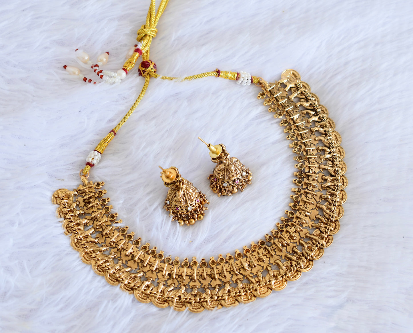 Antique gold tone pink-white lakshmi coin necklace set dj-53012