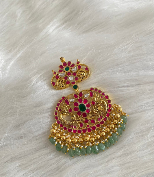 Gold tone pink-green-white kundan jadau peacock green bead pendant dj-50680