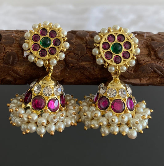 Gold tone precious kemp-green-white stone pearl jhumkka dj-53219