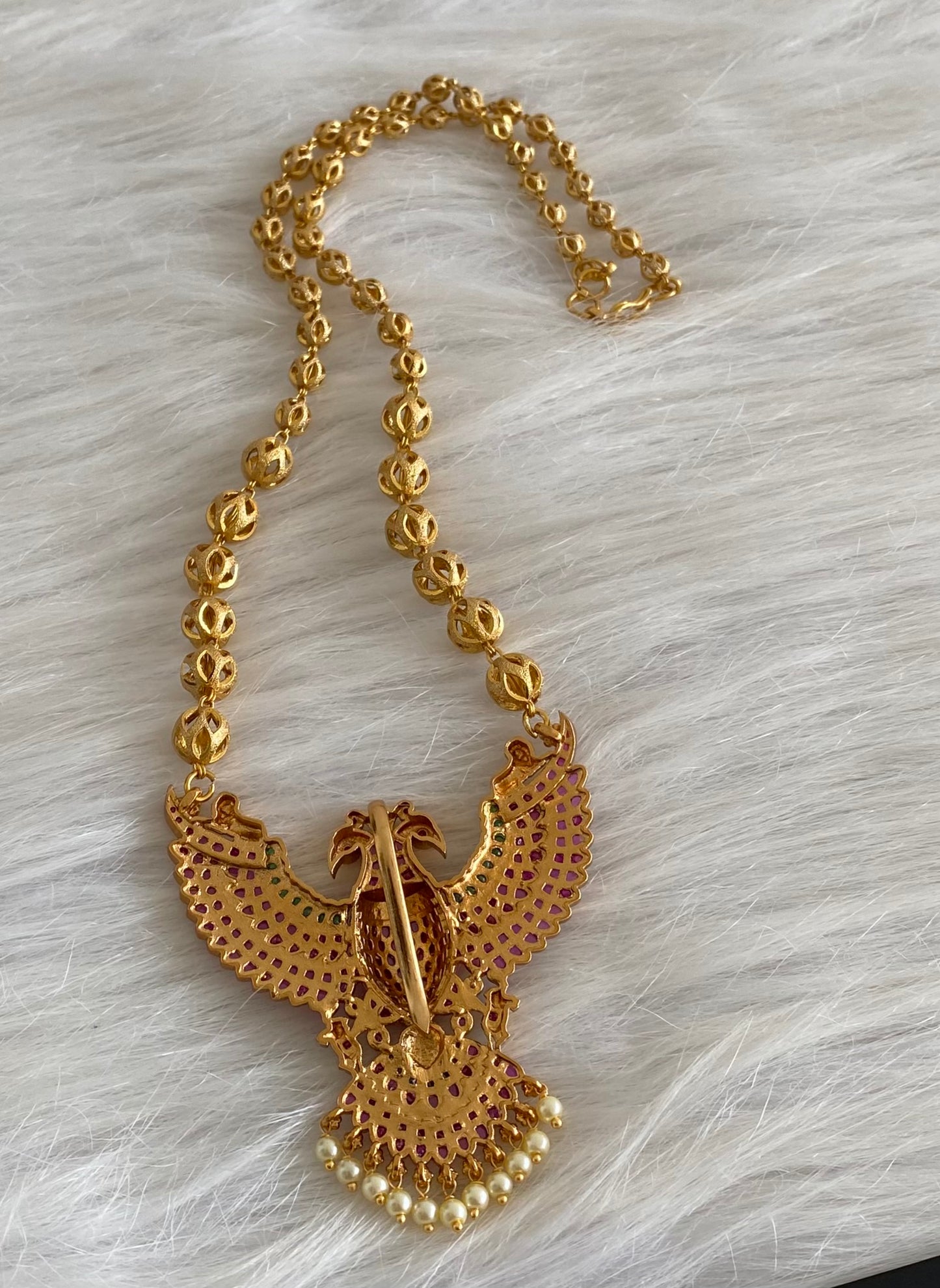 Gold tone pink-green pearl gandaberunda necklace dj-53993