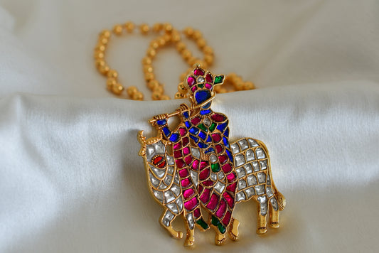 Gold tone pink-blue-green kundan jadau Shri Krishna necklace dj-52575