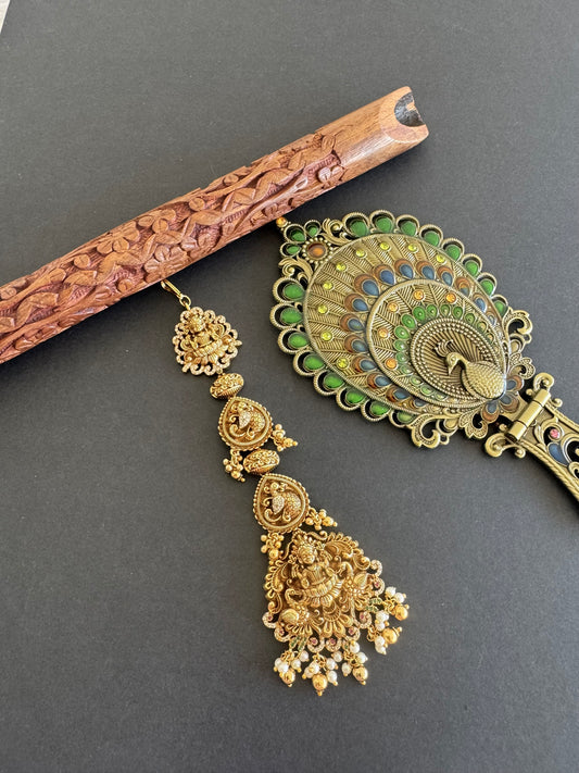 Antique gold tone cz white lakshmi peacock tikka dj-52058