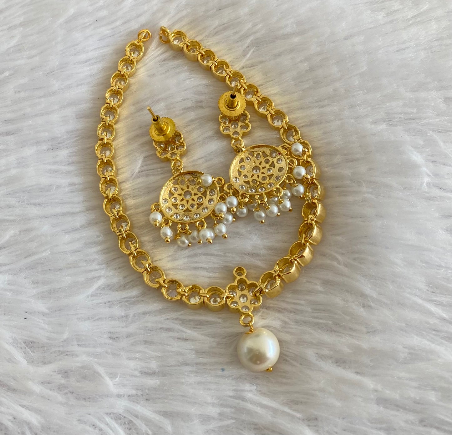 Gold tone AD white stone pearl south indian style necklace set dj-53422
