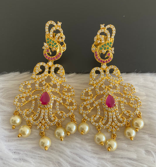 Gold tone ruby-green-white stone pearl peacock earrings dj-52938