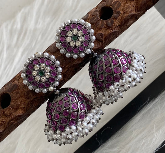 Black finish precious kemp-green-white stone pearl big jhumkka dj-53960