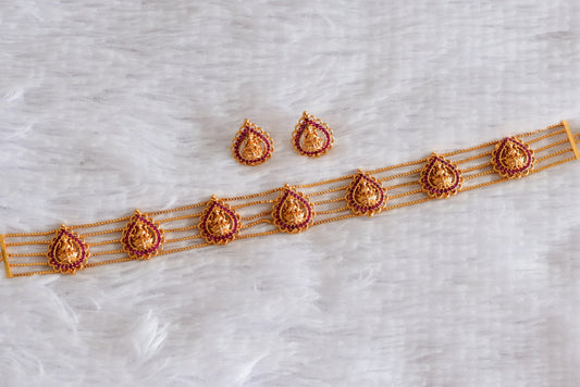Gold tone AD pink lakshmi choker necklace set dj-51847