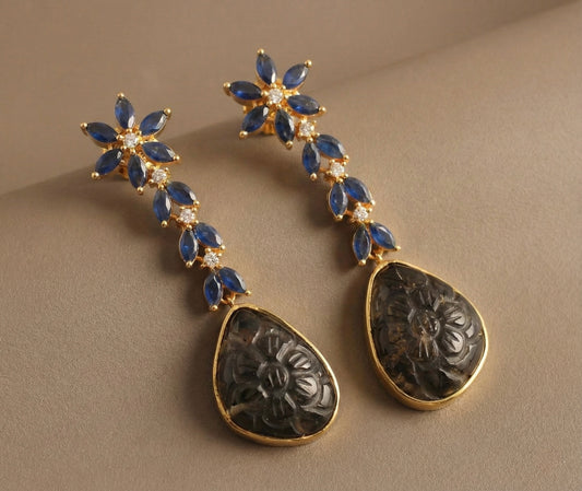 Gold tone blue-black carved stone earrings-dj52589