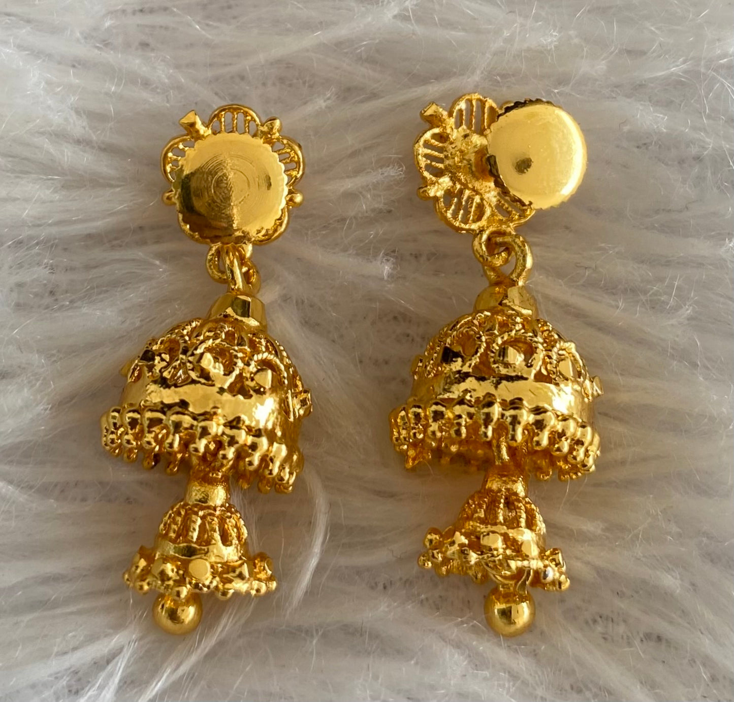 Gold tone pink stone flower screw back step jhumkka-dj52886