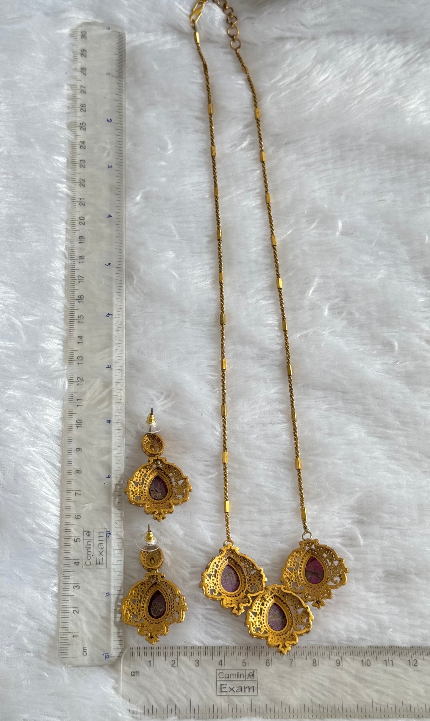 Antique gold tone lilac-gold fire-stone long chain set dj-51094