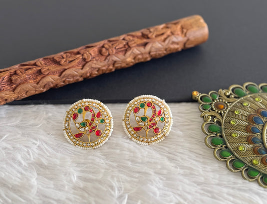 Gold tone pink-white kundan jadau peacock round big stud/earrings dj-51499