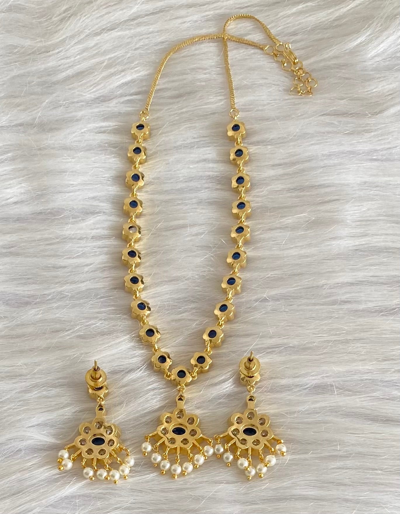 Gold tone blue-white stone pearl necklace set dj-54236