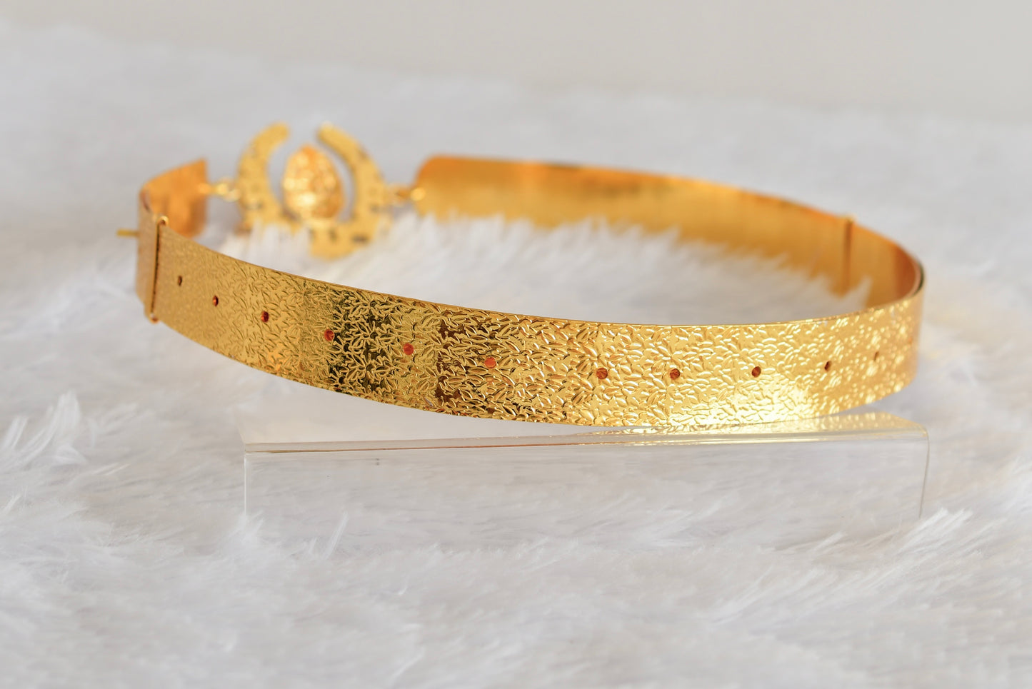 Gold tone pink-green-white kundan jadau Lakshmi mango waist band dj-52171