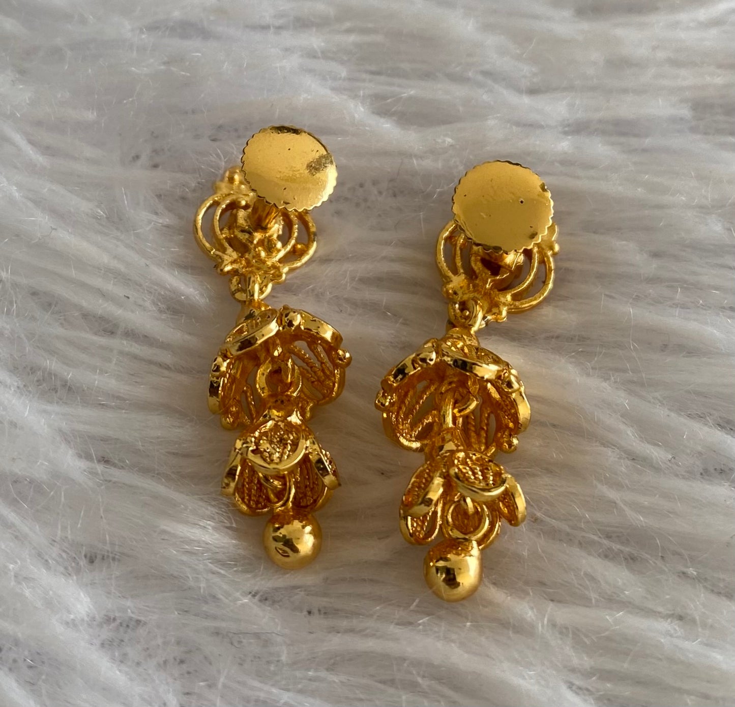 Gold tone pink-green stone screw back step jhumkka-dj52889