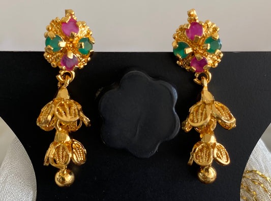 Gold tone pink-green stone screw back step jhumkka-dj52889