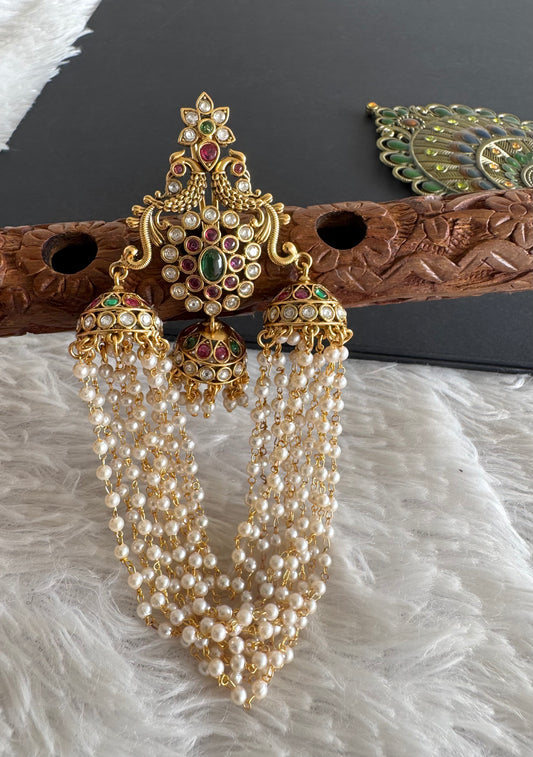 Antique gold tone kemp-green pearl peacock hair jewel dj-52030