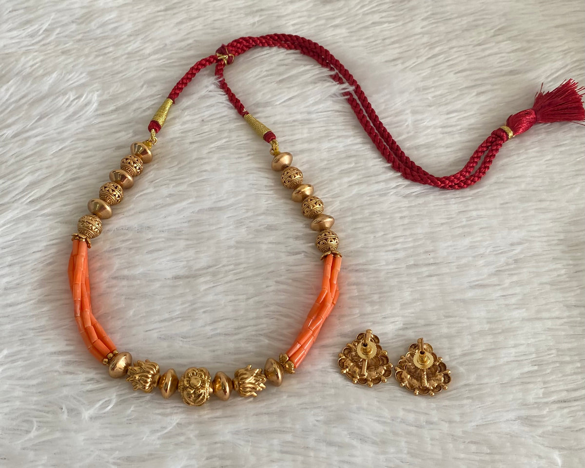 Antique gold tone coral nakshi beaded necklace set dj-54964