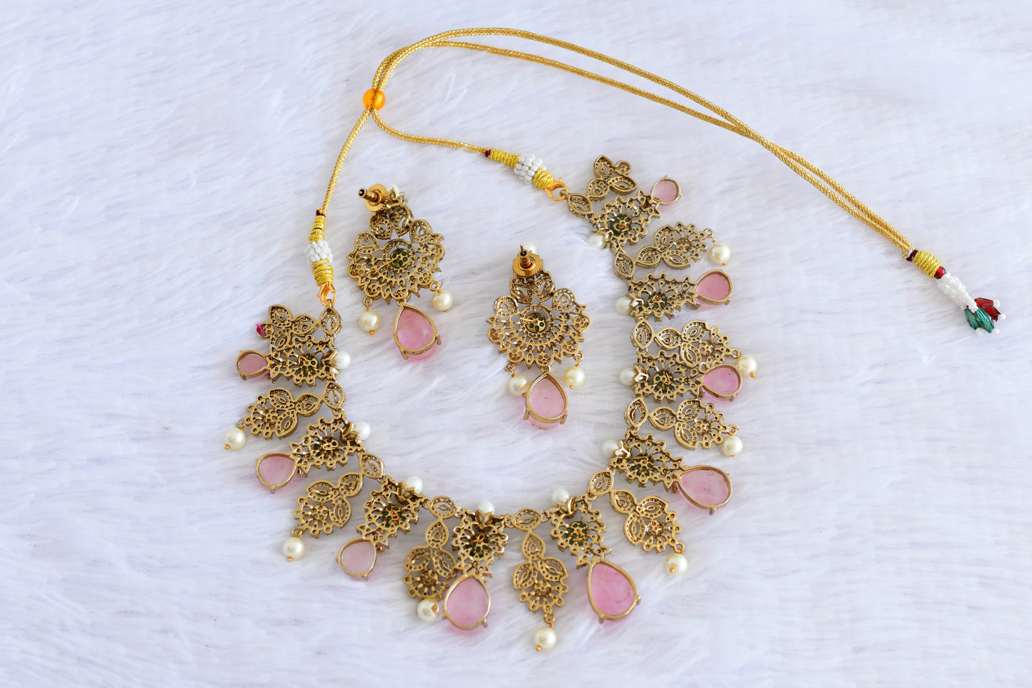 Antique gold tone cz pearl baby pink beaded necklace set dj-53014