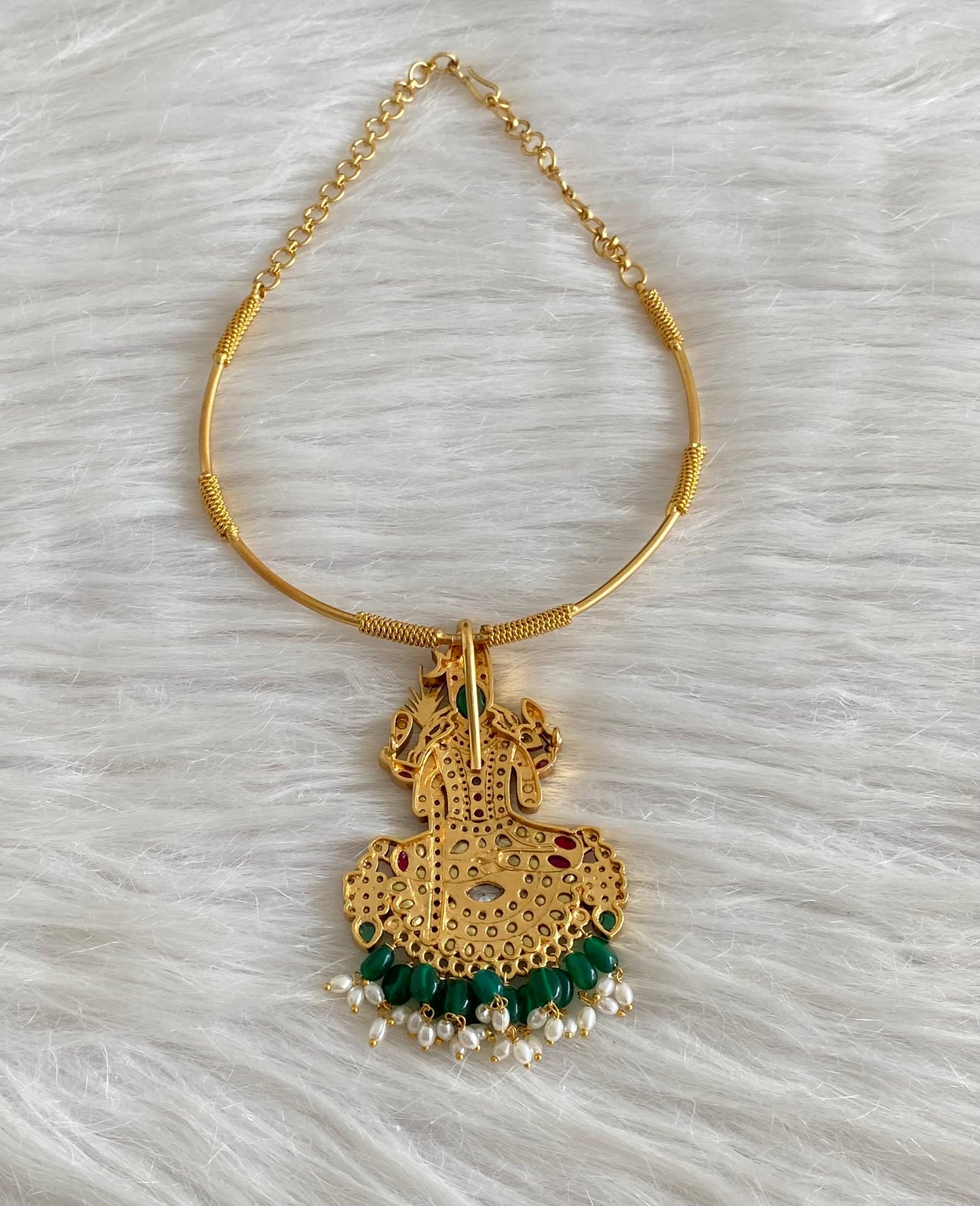 Antique gold tone lakshmi green beaded pendant hasli necklace dj-54073