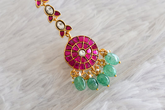 Gold tone pink-green kundan jadau green beaded round tikka dj-52500