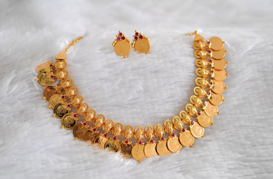 Gold tone kerala style ruby ganesha lakshmi coin necklace set dj-52689