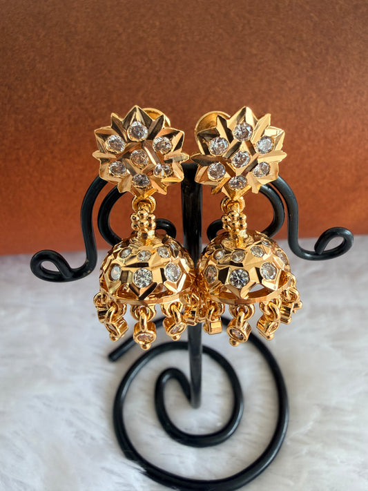 Gold tone AD white south Indian flower jhumkka dj-53271