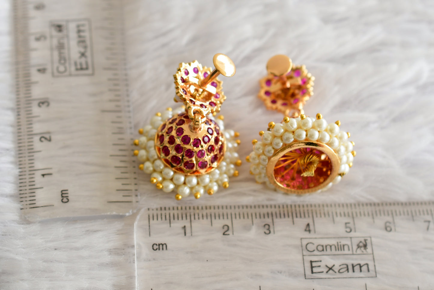 Gold tone South Indian style pink pearl jhumkka dj-51886