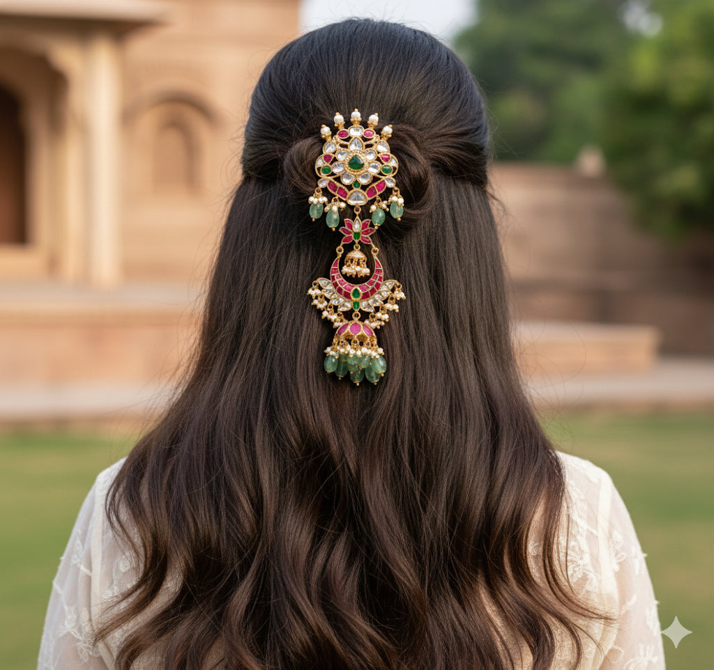 Gold tone pink-green kundan jadau lotus hair jewel dj-52376