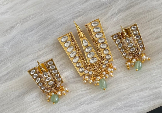 Gold tone white stone kundan jadau thirumal nama pendant set dj-53982