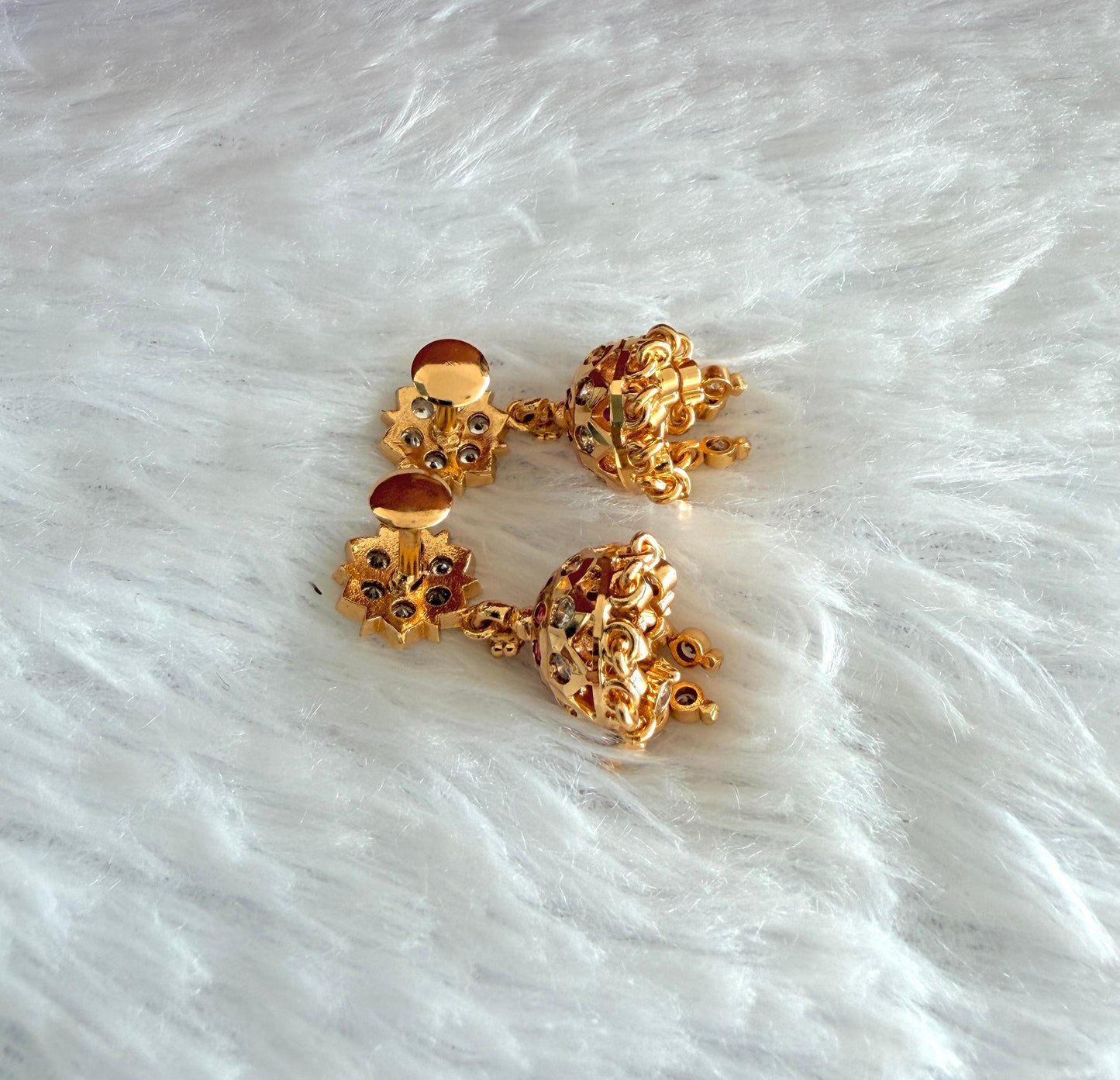 Gold tone AD pink-white south Indian flower jhumkka dj-53270