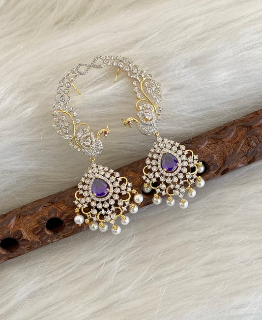Two tone white-purple stone pearl peacock khanpool earrings dj-54656