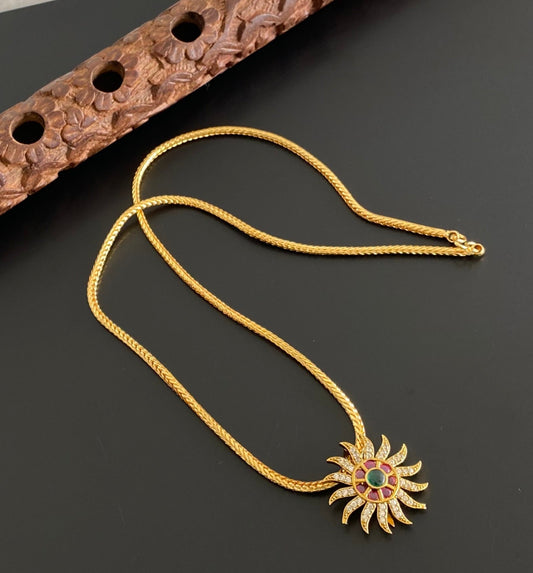 Gold tone 18 inches chain with white-pink-green sun pendant dj-54202