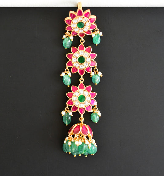 Gold tone pink-green kundan jadau flower hair jewel dj-52374