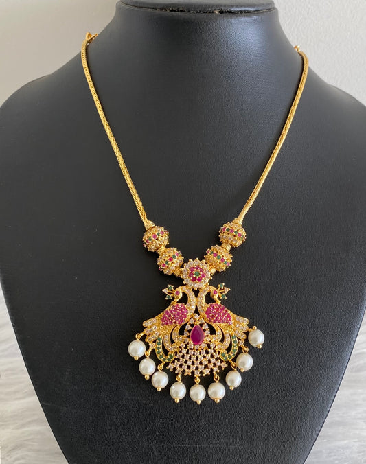 Gold tone ruby-emerald-white stone peacock pearl necklace dj-54241