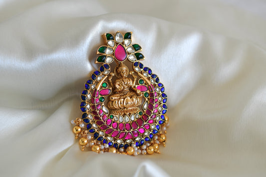 Antique gold tone pink-blue kundan jadau Lakshmi pendant dj-52607