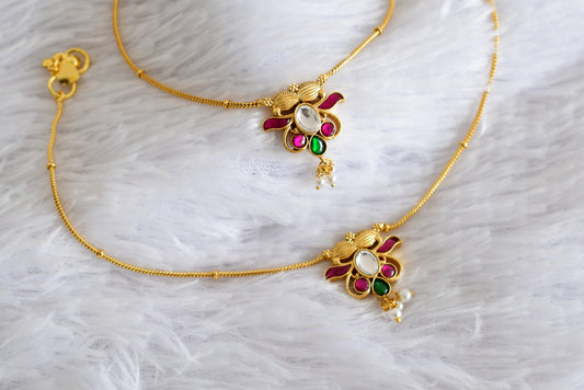 Gold tone pink-green-white kundan jadau anklets dj-52397