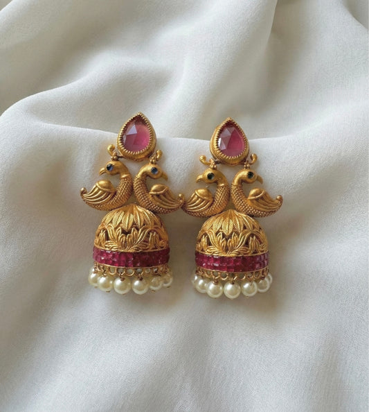 Matte Finish Ruby pearl Peacock Jhumkka-dj04287